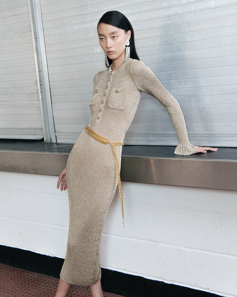 Shop  beautiful dress - Perfect for special occasions | lauren Gold Lurex Ribbed Knit Midi Dress