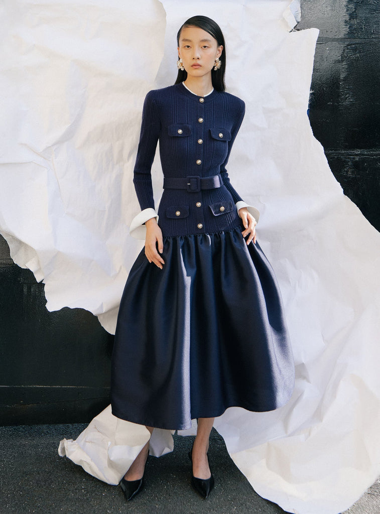 Shop  beautiful dress - Perfect for special occasions | Natalie Navy Knit Taffeta Midi Dress