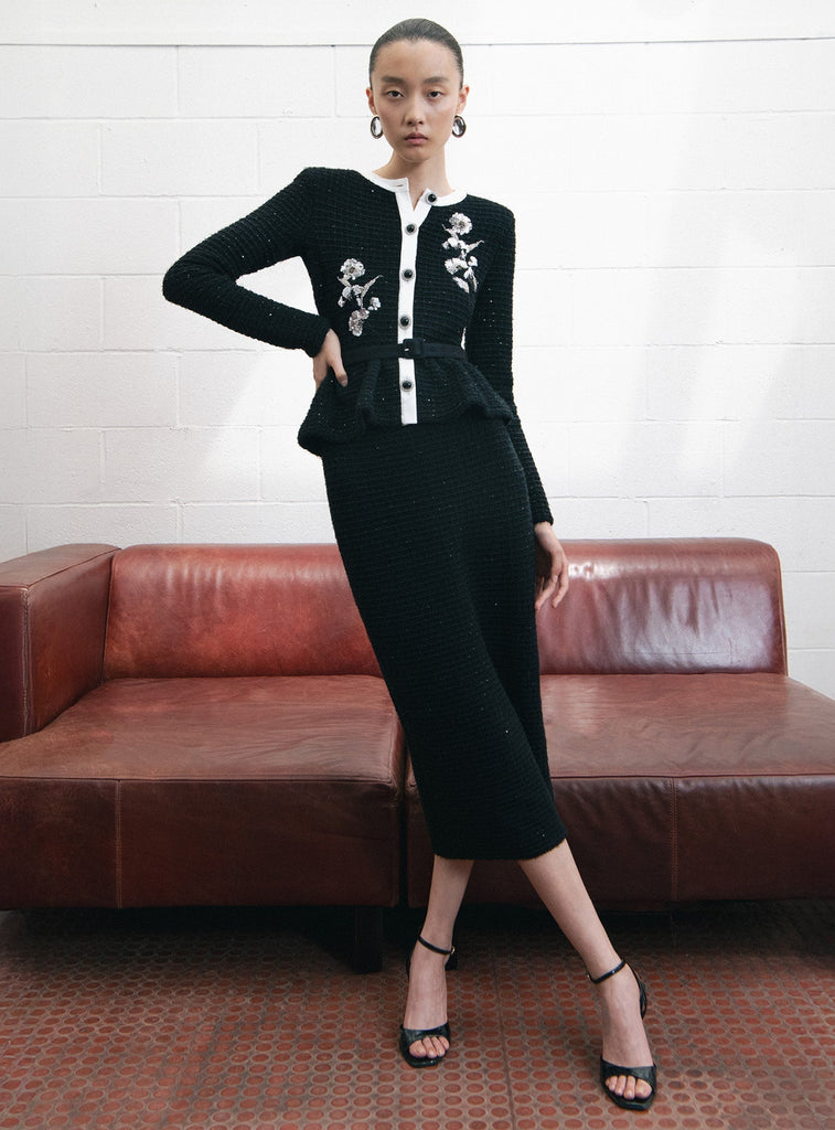 Roxanne Black Floral Textured Knit Midi Dress - Stylish red dress for special occasions | Buy Online