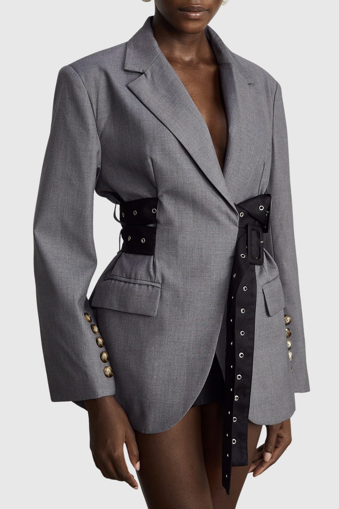 Stylish beautiful dress | Eairein Belte Waist Blazer - Grey - Ideal for special occasions