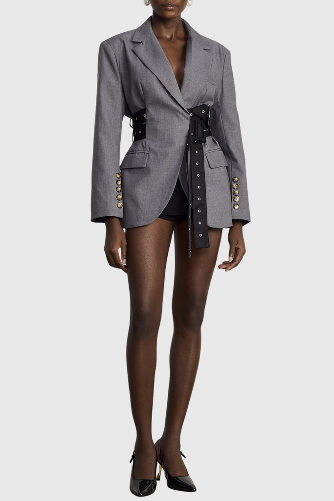 Stylish beautiful dress | Eairein Belte Waist Blazer - Grey - Ideal for special occasions
