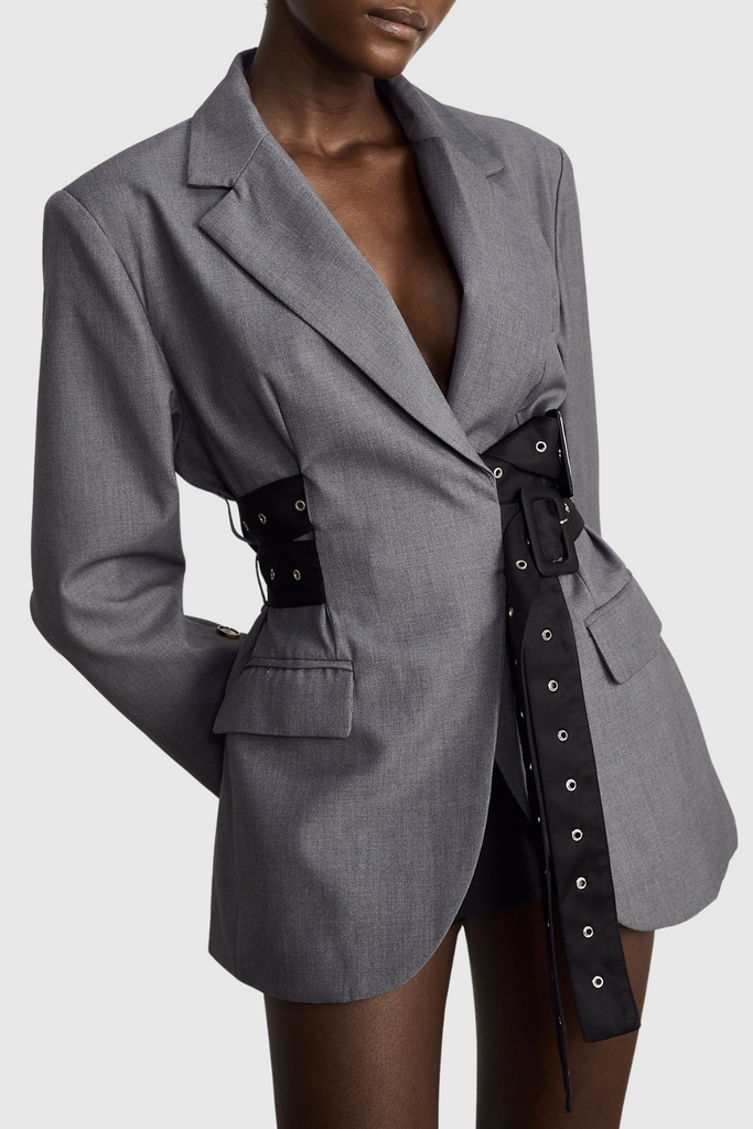 Eairein Belte Waist Blazer - Grey - Stylish beautiful dress for special occasions | Buy Online