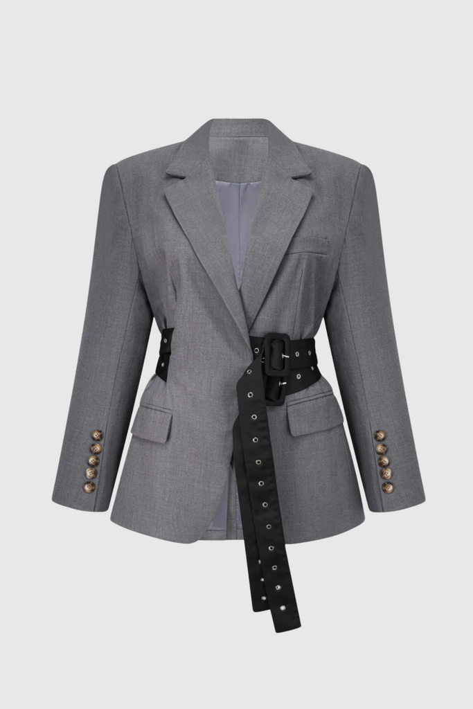 Stylish beautiful dress | Eairein Belte Waist Blazer - Grey - Ideal for special occasions