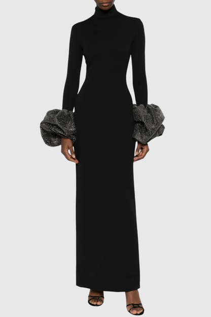 Ekatera Crystal Puff Sleeves Maxi Dress - Black
