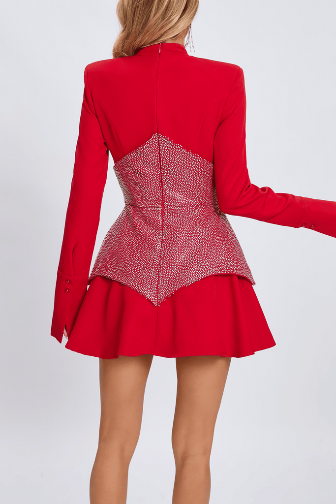 Elliatta Crystal Embellished Long Sleeve Mini Dress - Red - Stylish red dress for special occasions | Buy Online