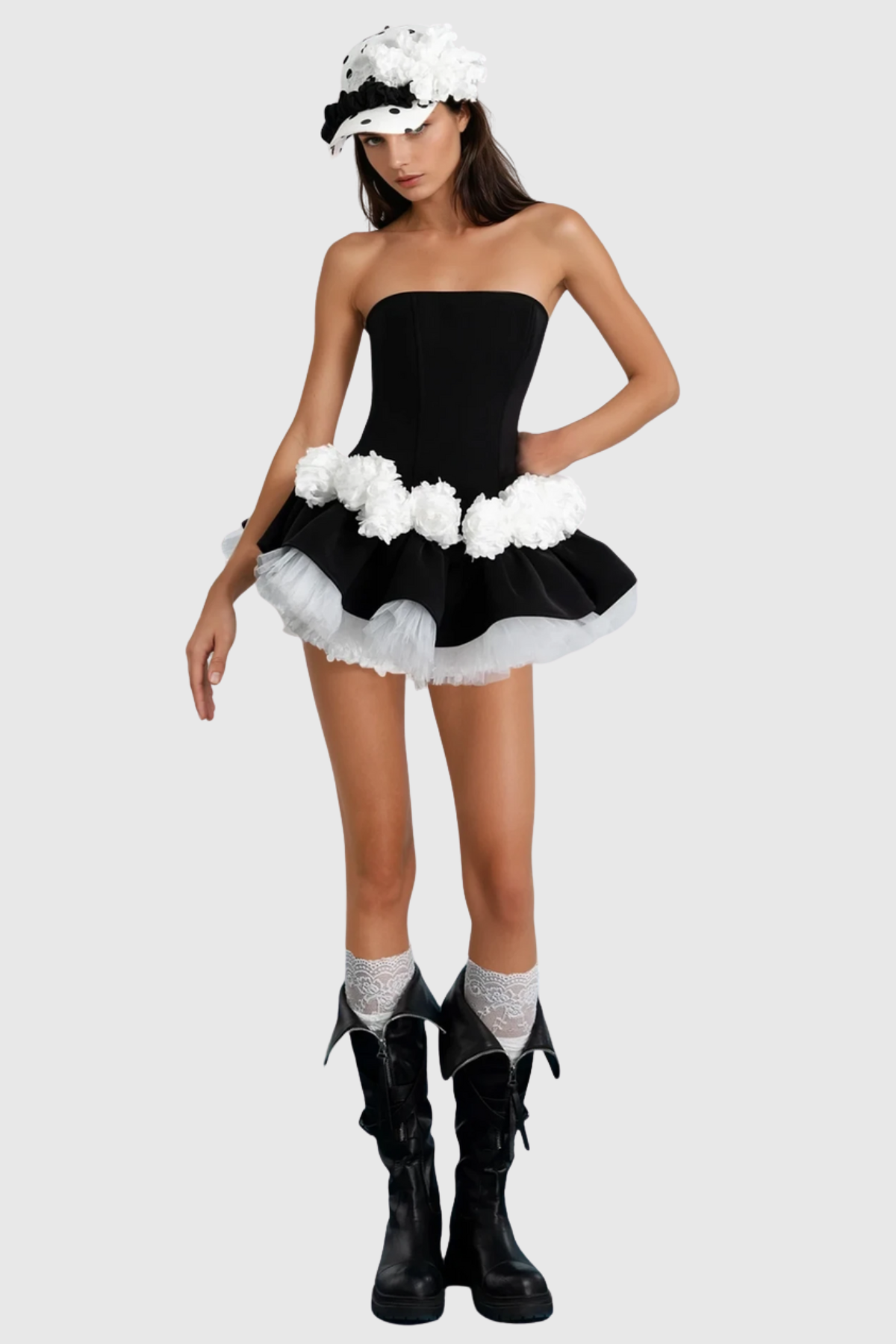 Enola Floral Appliqué Strapless Puffy Mini Dress - Black