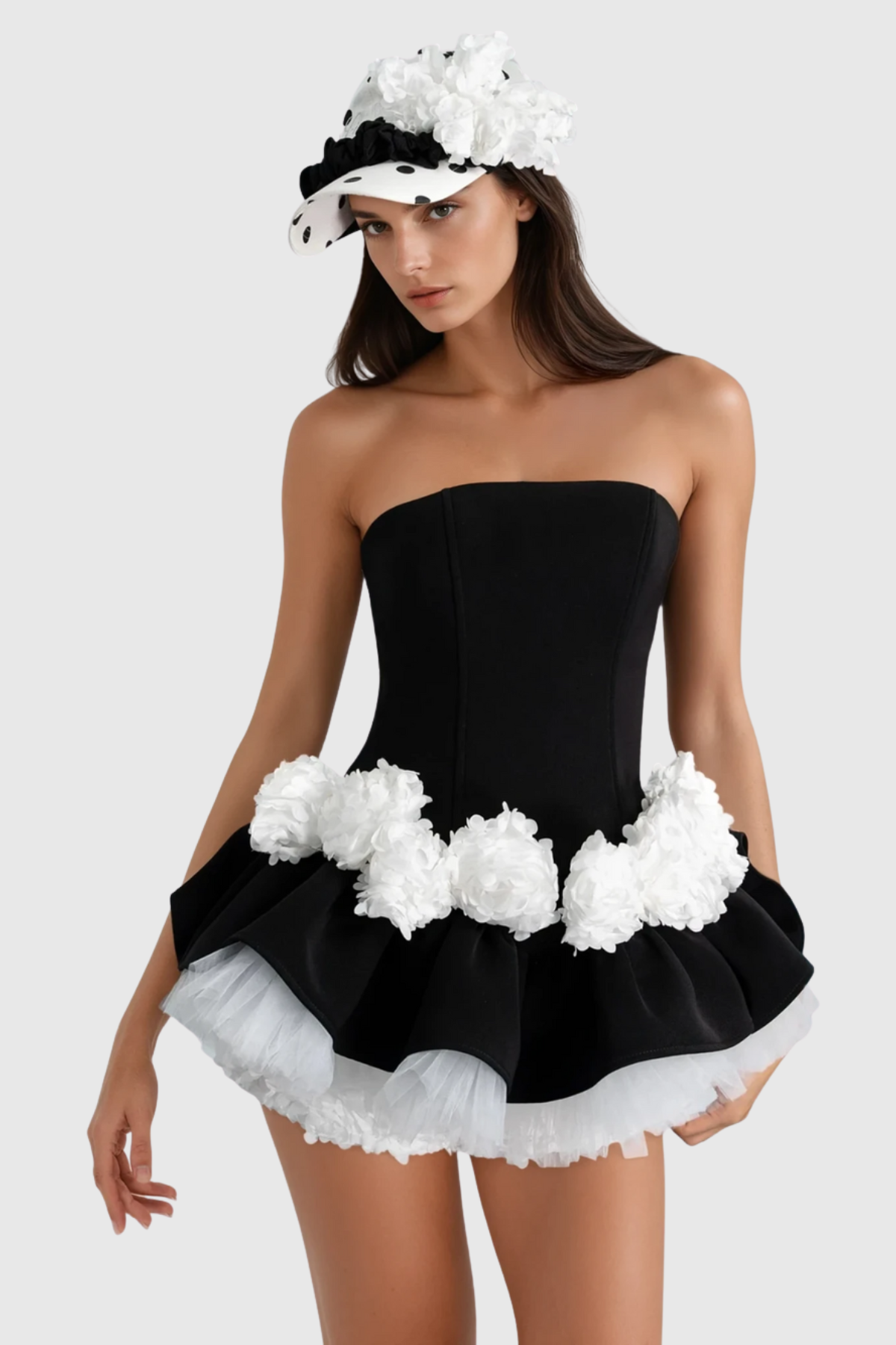 Enola Floral Appliqué Strapless Puffy Mini Dress - Black