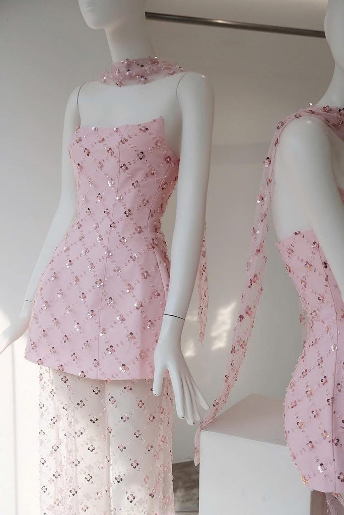 Stylish pink dress | alberta Strapless Sequins pearl mini dress in pink - Ideal for special occasions