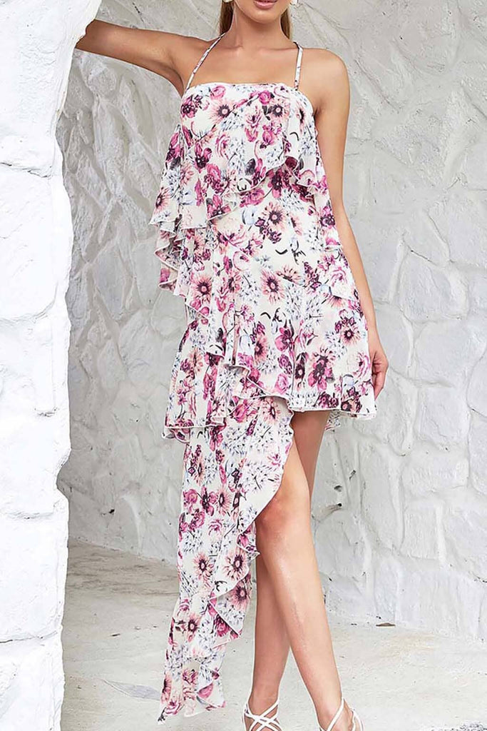 Shop  beautiful dress - Perfect for special occasions | FLORAL PRINT COLD SHOULDER HALTER HIGH LOW DRESS