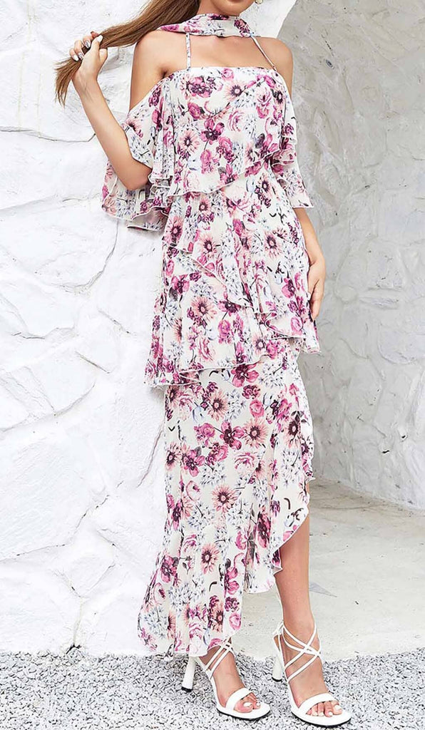 Shop  beautiful dress - Perfect for special occasions | FLORAL PRINT COLD SHOULDER HALTER HIGH LOW DRESS