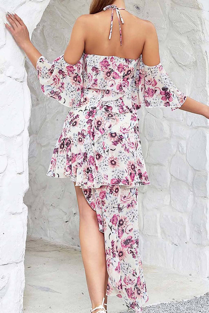 Shop  beautiful dress - Perfect for special occasions | FLORAL PRINT COLD SHOULDER HALTER HIGH LOW DRESS