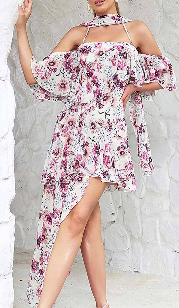 Shop  beautiful dress - Perfect for special occasions | FLORAL PRINT COLD SHOULDER HALTER HIGH LOW DRESS