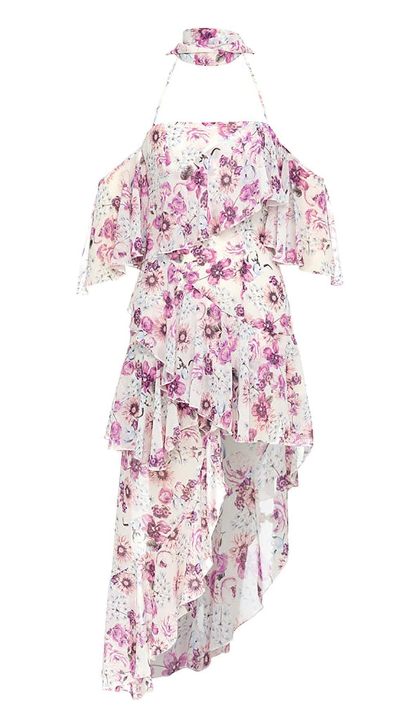 FLORAL PRINT COLD SHOULDER HALTER HIGH LOW DRESS - Stylish beautiful dress for special occasions | Buy Online