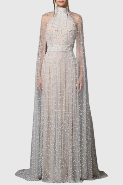 Falaia Pearl Embellished Tulle Cape Maxi Dress