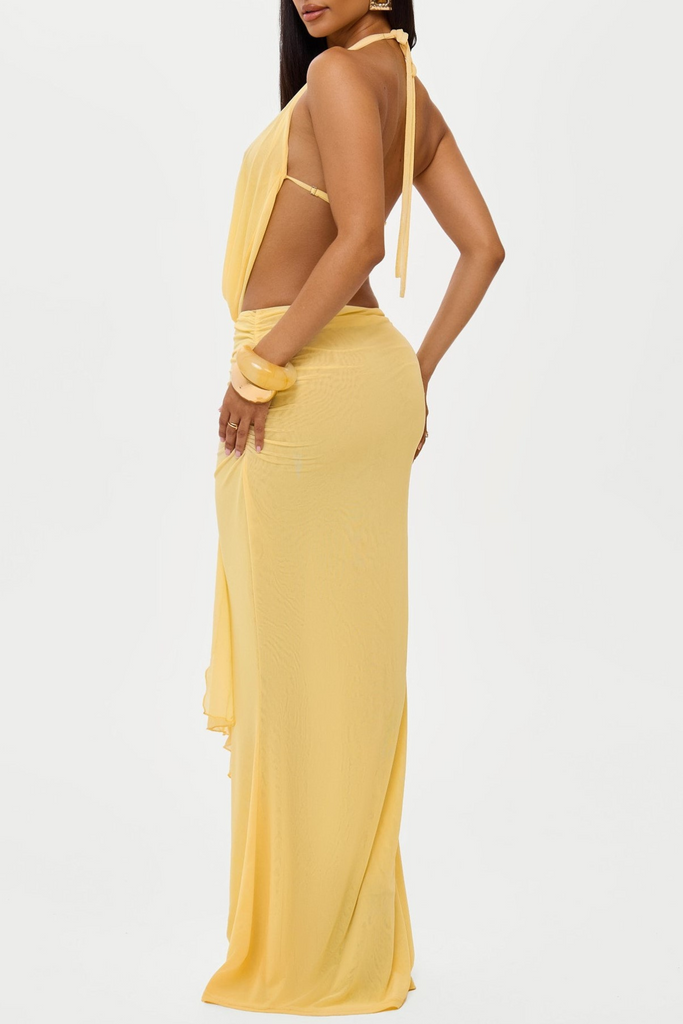 Stacy Mesh Shell Top & Skirt Set - Yellow - Stylish yellow dress for special occasions | Buy Online