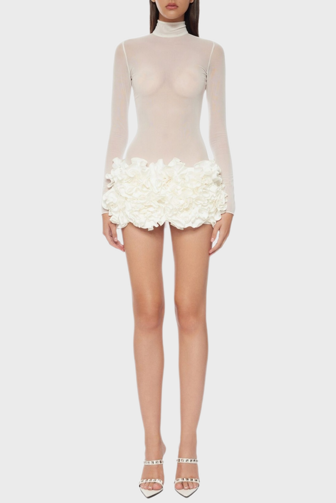 Stylish white dress | Fionna Floral Mesh Long Sleeve Mini Dress - White - Ideal for special occasions