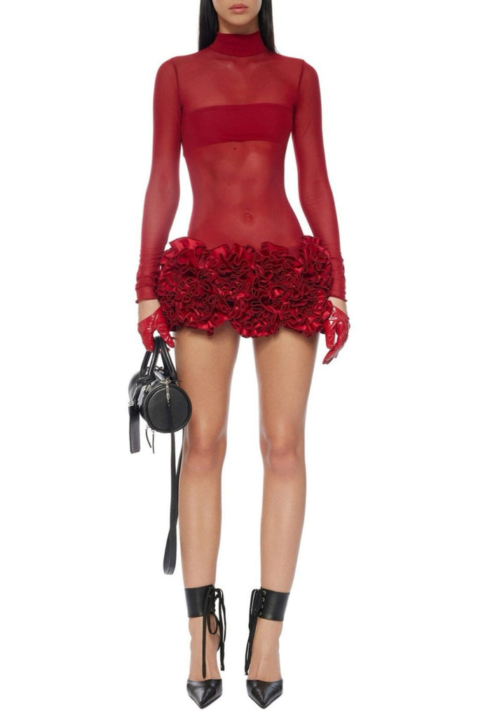 Shop  red dress - Perfect for special occasions | Fionna Floral Mesh Long Sleeve Mini Dress - Red