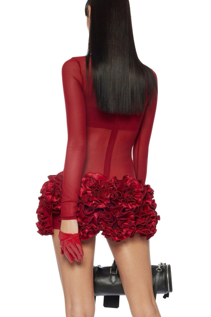 Shop  red dress - Perfect for special occasions | Fionna Floral Mesh Long Sleeve Mini Dress - Red