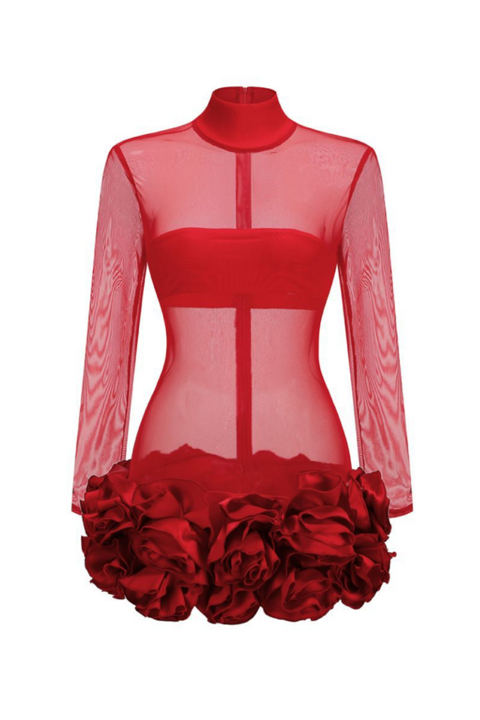 Shop  red dress - Perfect for special occasions | Fionna Floral Mesh Long Sleeve Mini Dress - Red