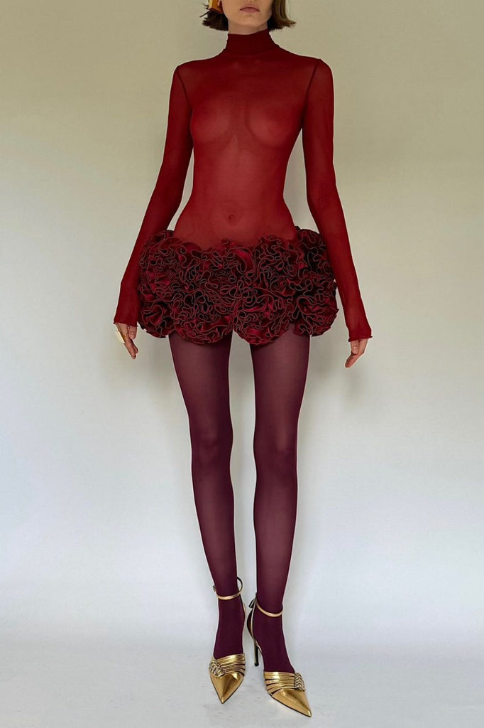 Shop  red dress - Perfect for special occasions | Fionna Floral Mesh Long Sleeve Mini Dress - Red