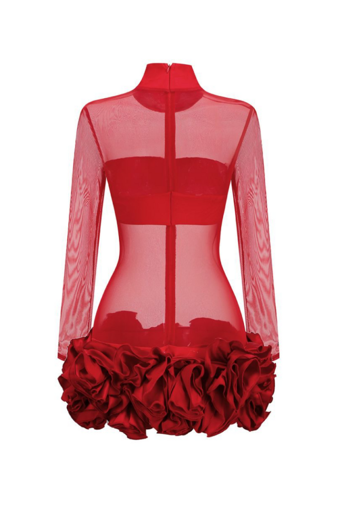 Stylish red dress | Fionna Floral Mesh Long Sleeve Mini Dress - Red - Ideal for special occasions