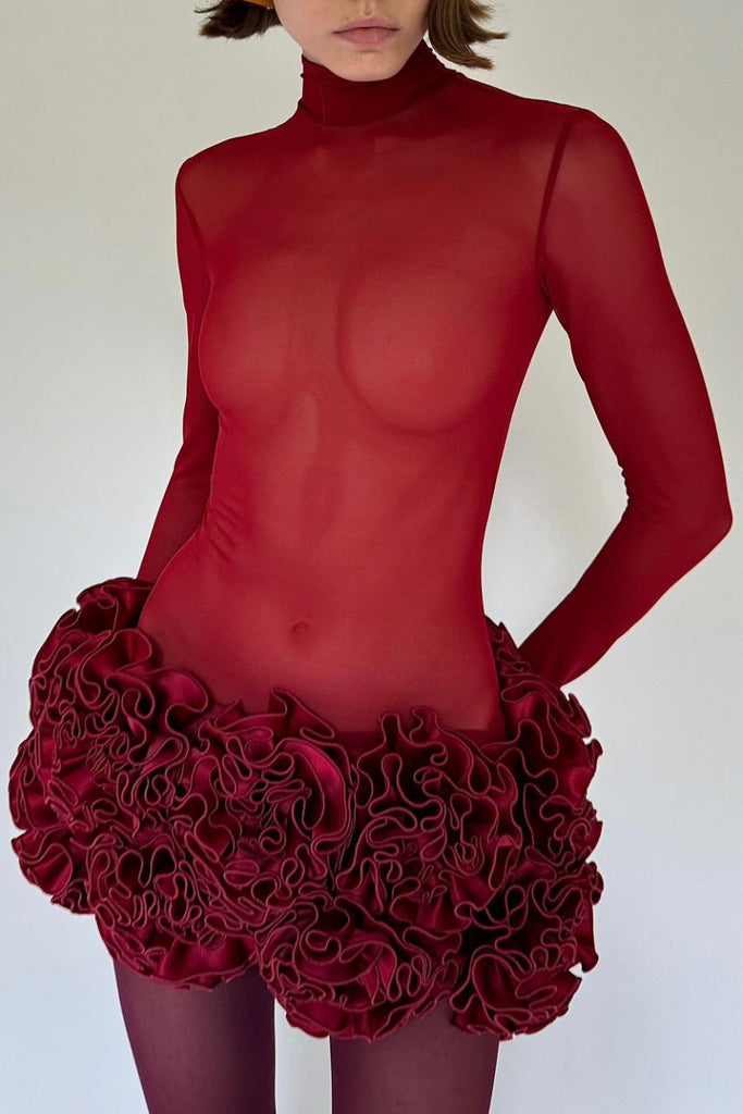 Stylish red dress | Fionna Floral Mesh Long Sleeve Mini Dress - Red - Ideal for special occasions