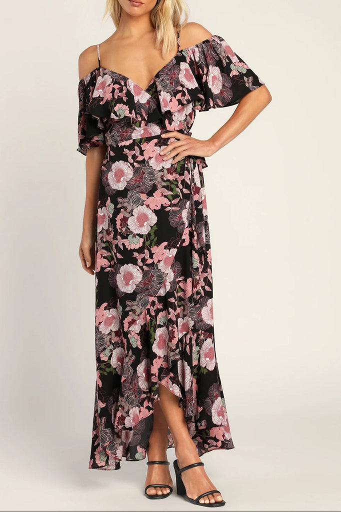 Bloomed Floral Off-the-Shoulder Maxi Wrap Dress in Black - Stylish black dress for special occasions | Buy Online