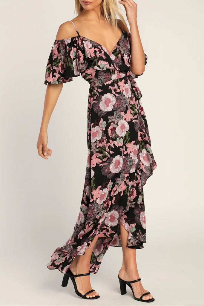Bloomed Floral Off-the-Shoulder Maxi Wrap Dress in Black - Stylish black dress for special occasions | Buy Online