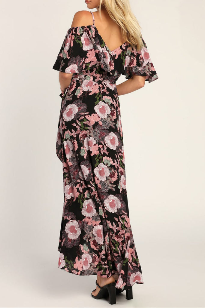 Bloomed Floral Off-the-Shoulder Maxi Wrap Dress in Black - Stylish black dress for special occasions | Buy Online