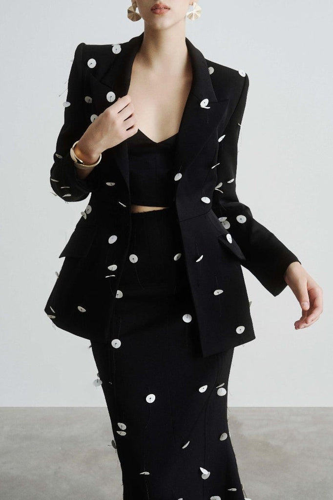 Stylish black dress | Gana Sequin Dot Trumpet Blazer - Black - Ideal for special occasions