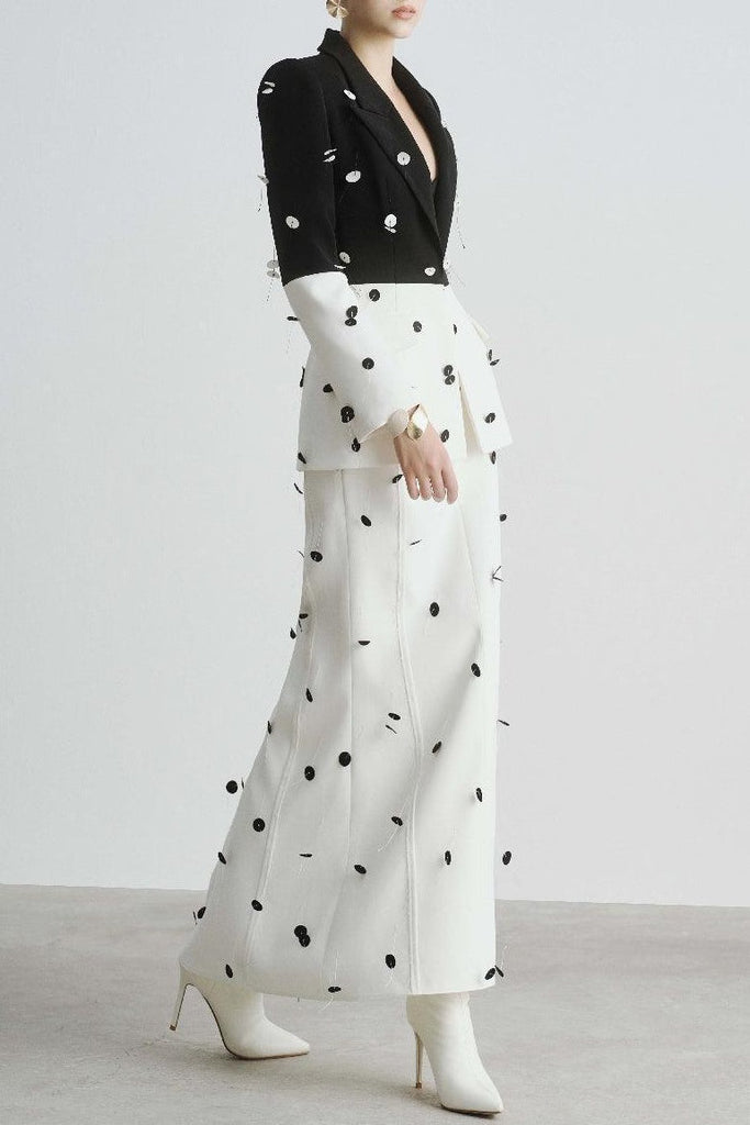 Stylish white dress | Gana Sequin Dot Trumpet Blazer - White - Ideal for special occasions