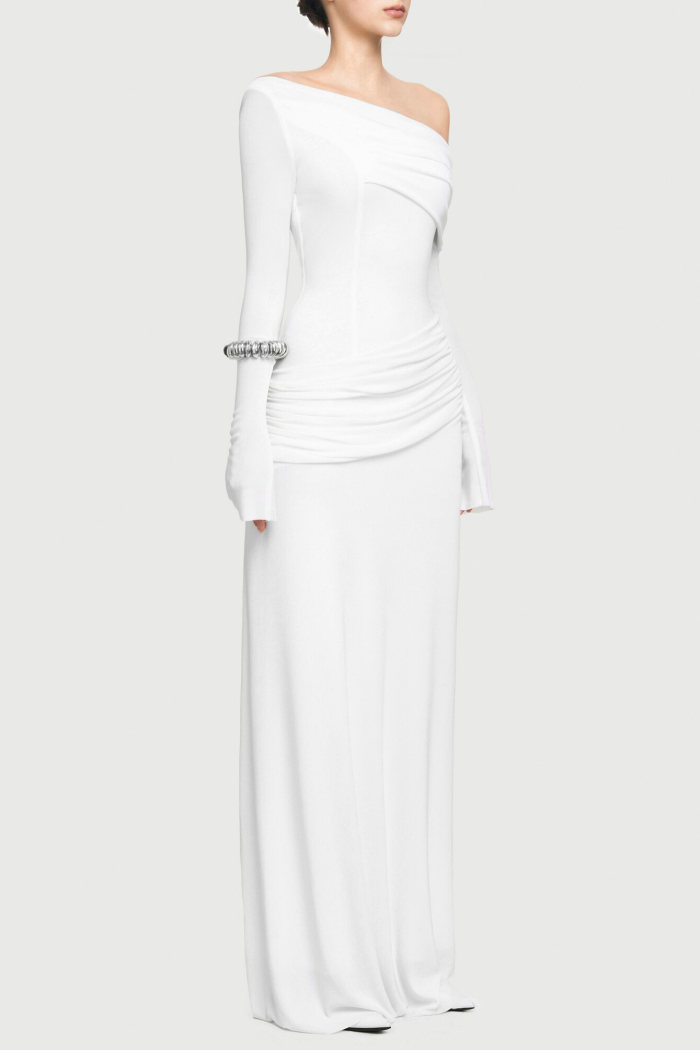 Gunnar Off Shoulder Asymmetric Ruched Maxi Dress - White