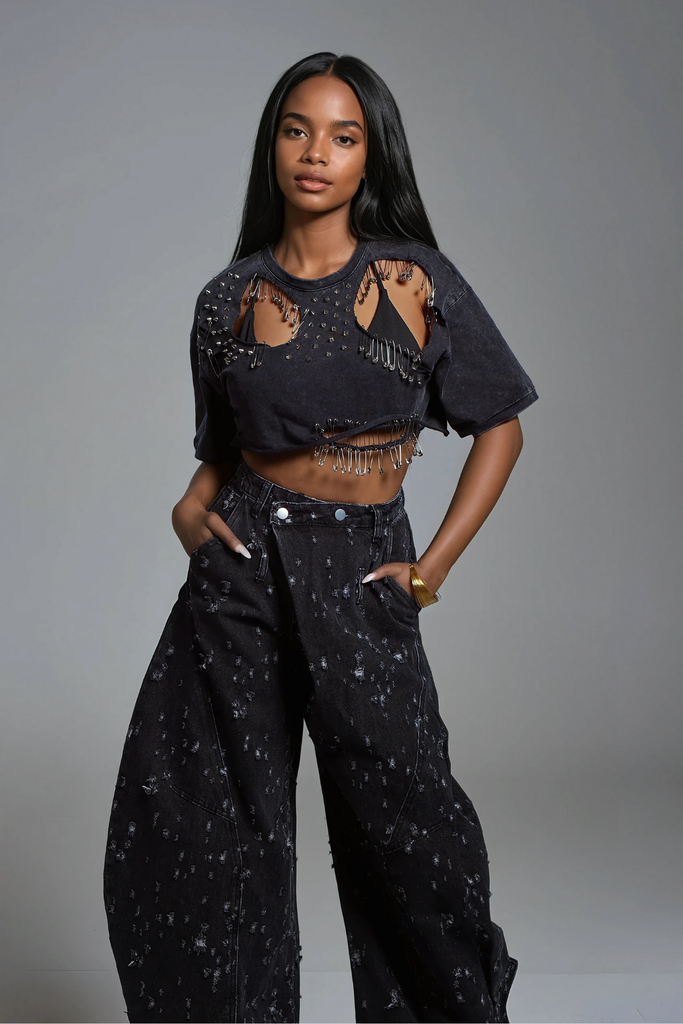 Shop  black dress - Perfect for special occasions | Harlee Cutout Paperclip Embellished T Shirt In Black