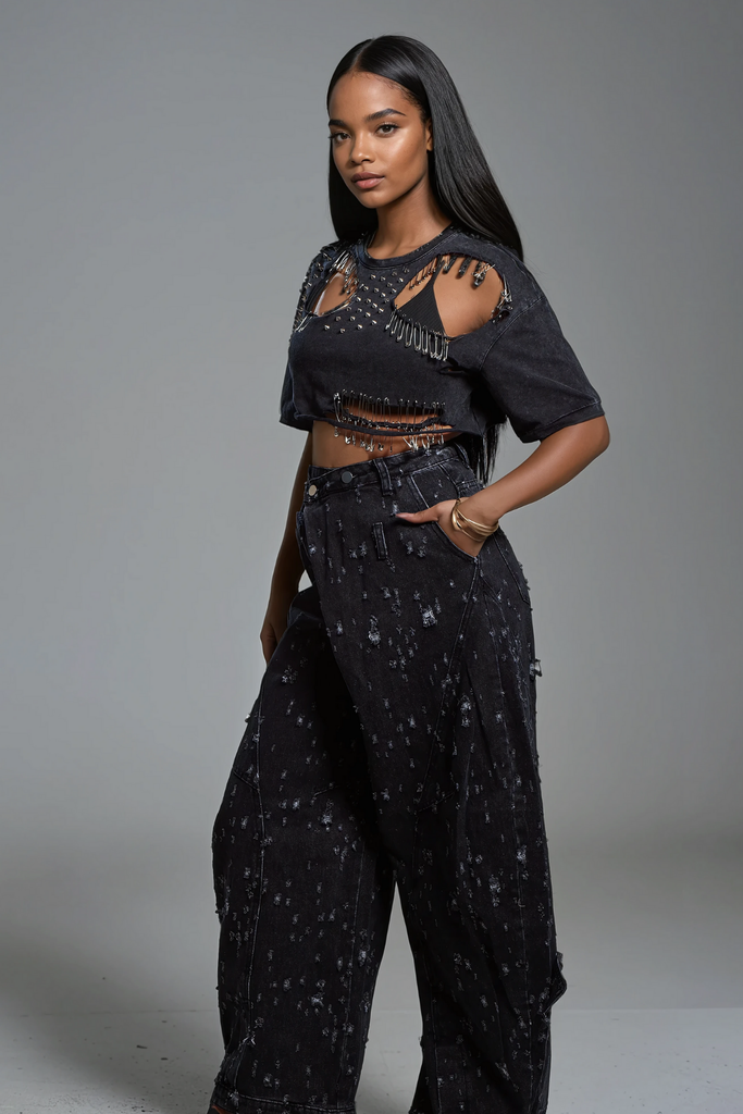 Harlee Cutout Paperclip Embellished T Shirt In Black - Stylish black dress for special occasions | Buy Online