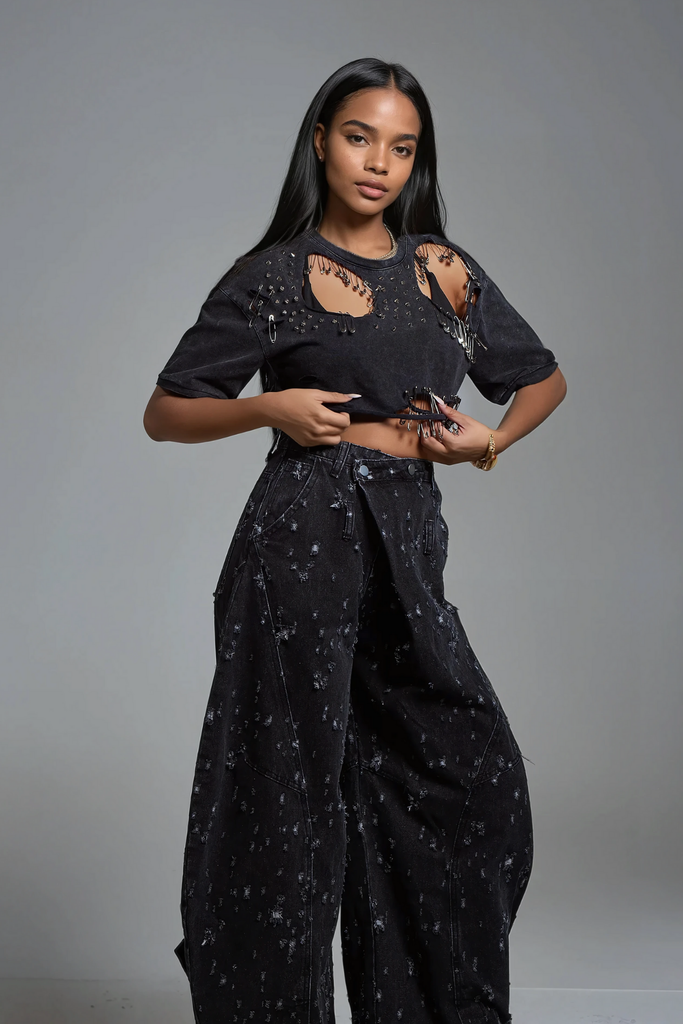 Harlee Cutout Paperclip Embellished T Shirt In Black - Stylish black dress for special occasions | Buy Online