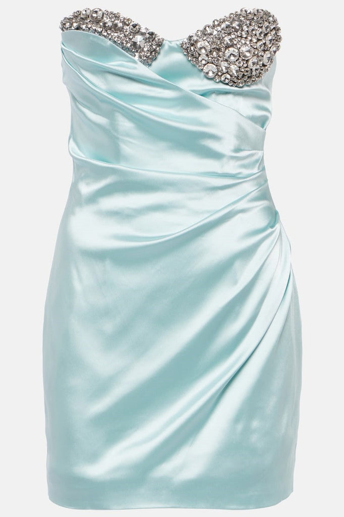 Shop  blue dress - Perfect for special occasions | Heidi Diamante Strapless Satin Mini Dress - Blue