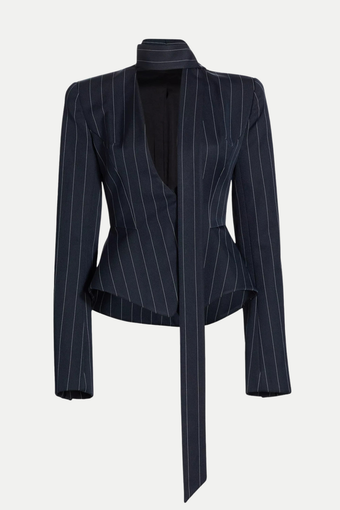 Hibyl Pinstripe Scarf Blazer - Stylish beautiful dress for special occasions | Buy Online