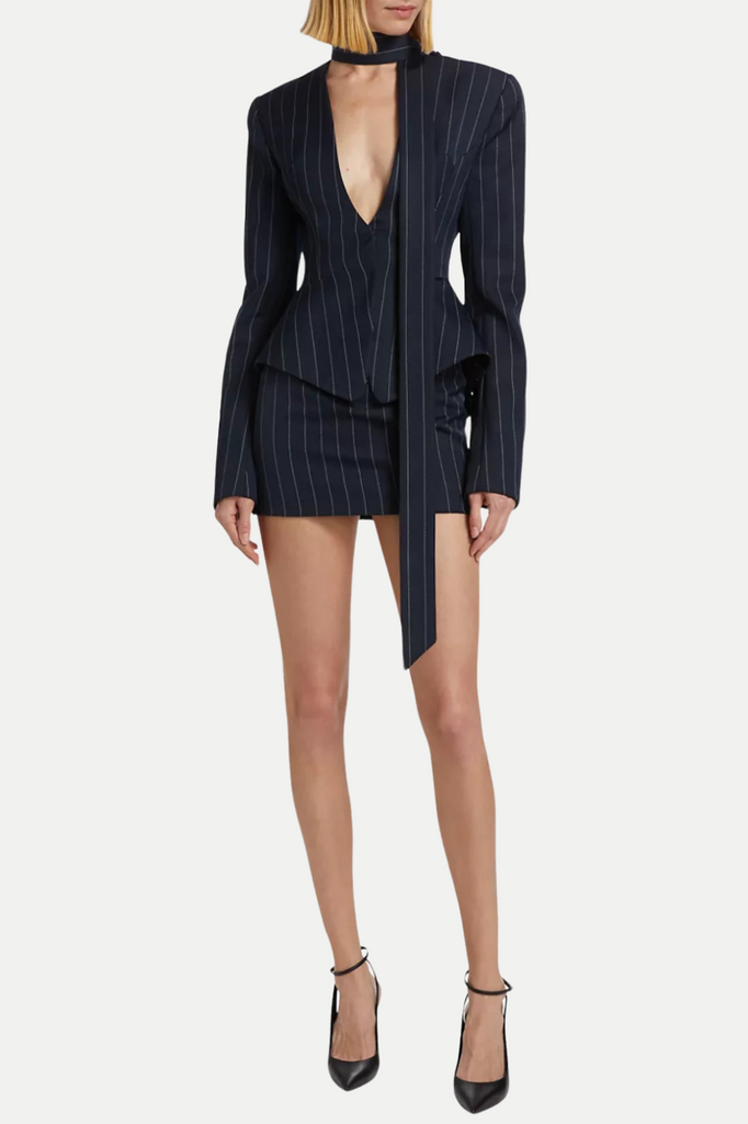 Hibyl Pinstripe Scarf Blazer - Stylish beautiful dress for special occasions | Buy Online