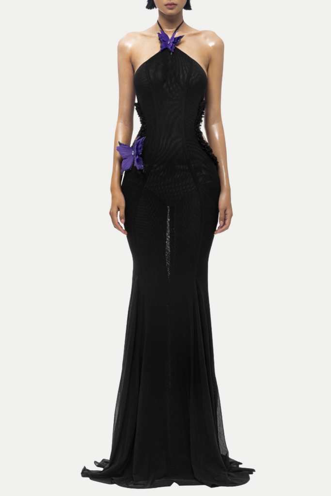 Shop  red dress - Perfect for special occasions | Fred Butterfly Halter Cutout Mesh Maxi Dress - Black