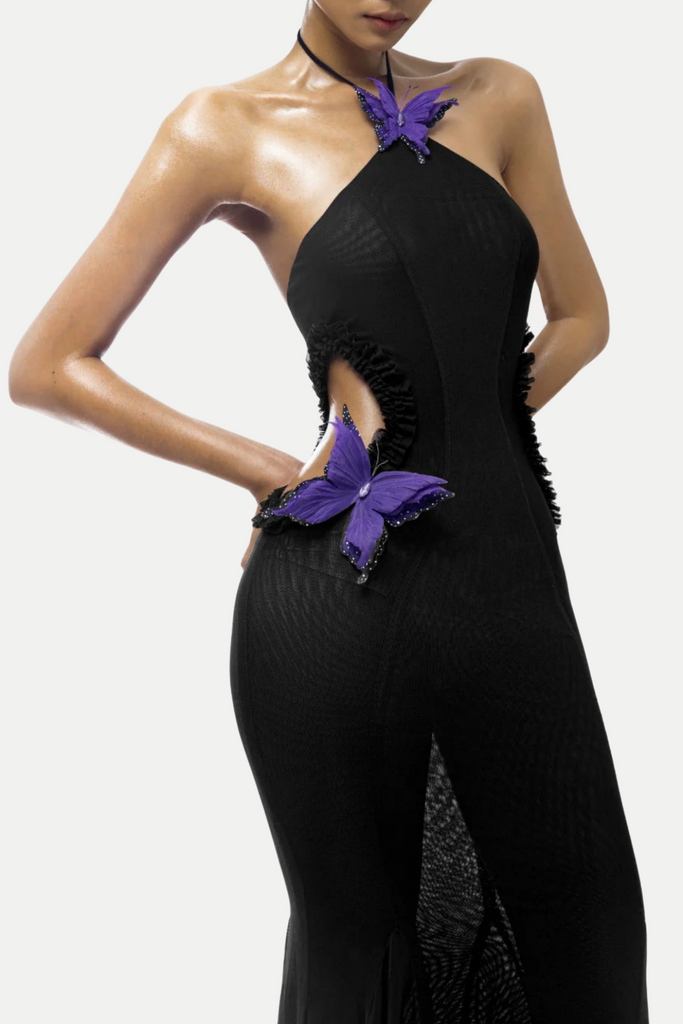 Fred Butterfly Halter Cutout Mesh Maxi Dress - Black - Stylish red dress for special occasions | Buy Online