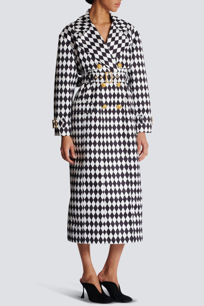 Stylish beautiful dress | Hyrine Diamond Print Belted Trench Coat - Ideal for special occasions