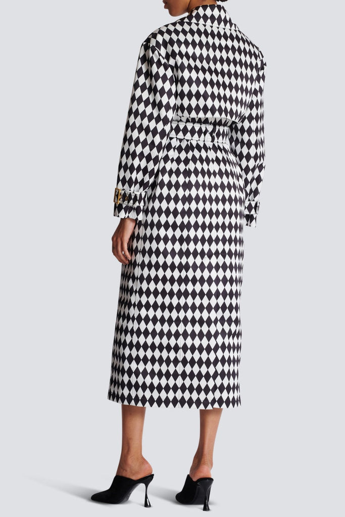 Hyrine Diamond Print Belted Trench Coat - Stylish beautiful dress for special occasions | Buy Online