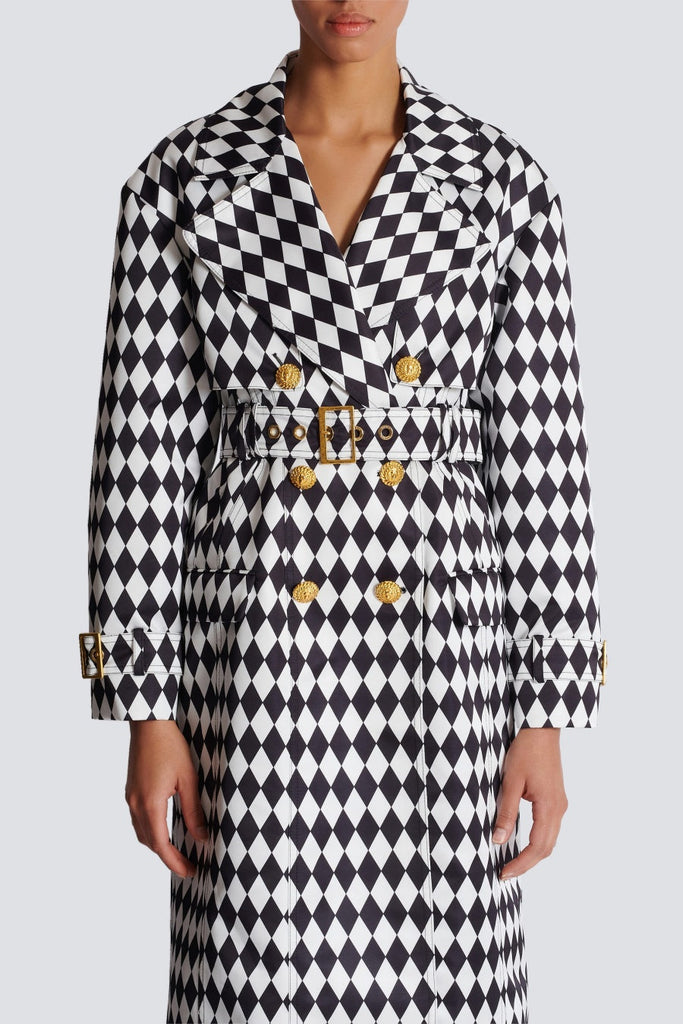Hyrine Diamond Print Belted Trench Coat - Stylish beautiful dress for special occasions | Buy Online