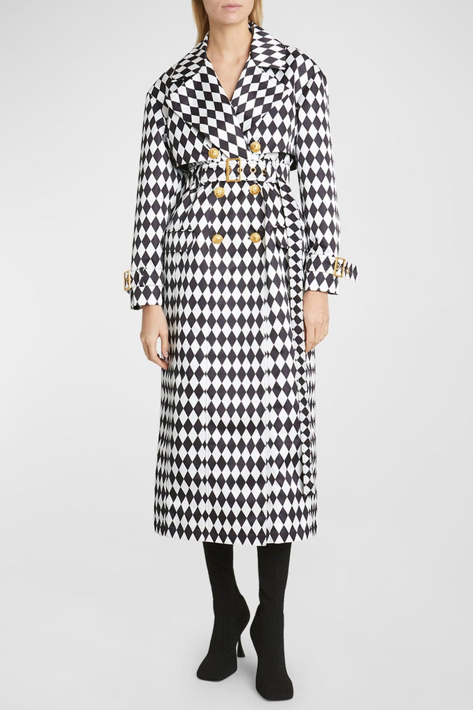 Hyrine Diamond Print Belted Trench Coat - Stylish beautiful dress for special occasions | Buy Online