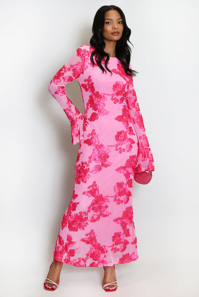 Stylish beautiful dress | Floral Lace Lined Flute Cuffs Midi Dress - Ideal for special occasions