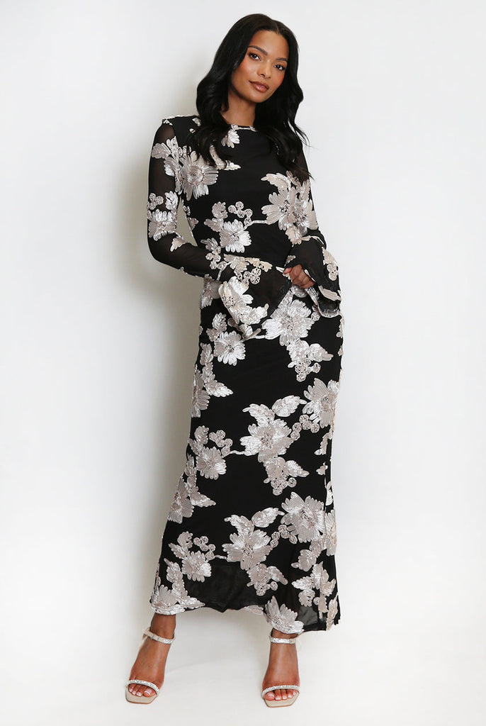 Stylish beautiful dress | Floral Lace Lined Flute Cuffs Midi Dress - Ideal for special occasions