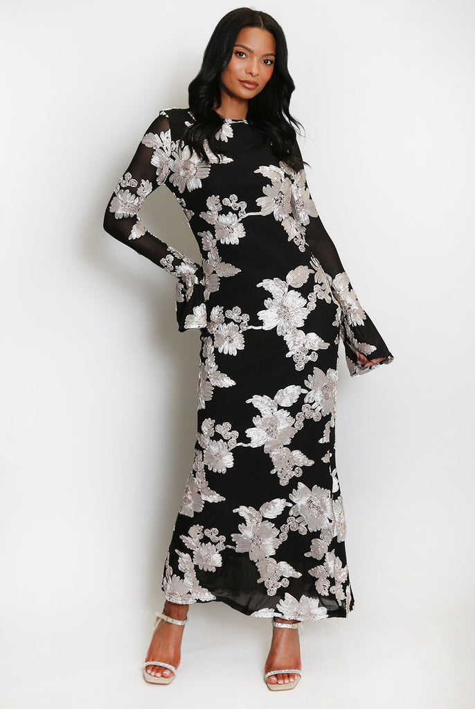 Stylish beautiful dress | Floral Lace Lined Flute Cuffs Midi Dress - Ideal for special occasions