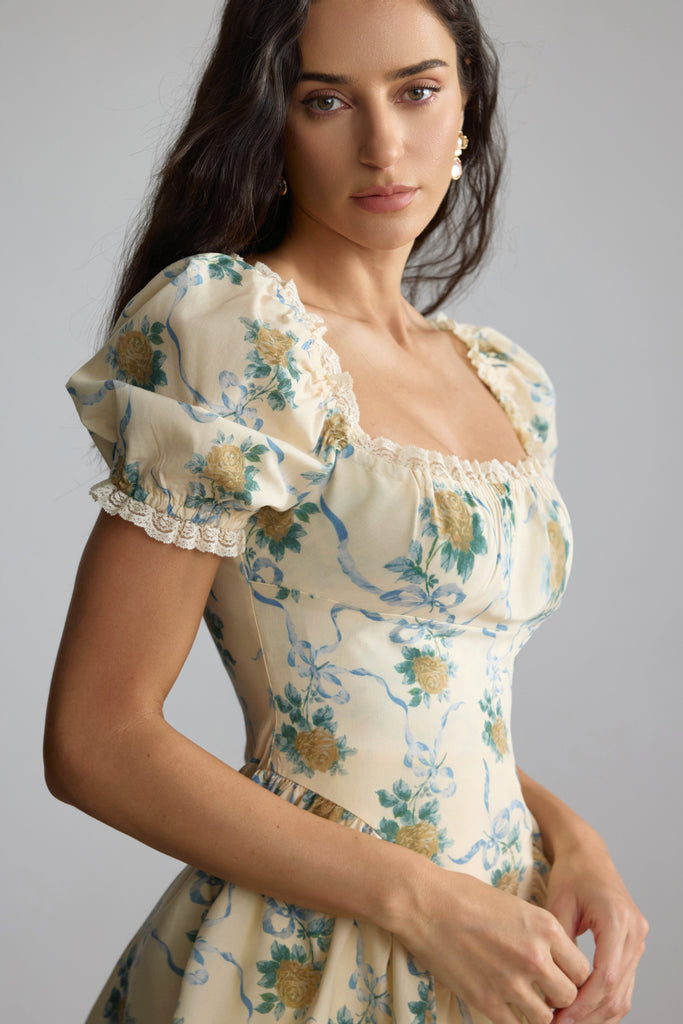 beverly Floral Print Square Neck Mini Dress in yellow - Stylish yellow dress for special occasions | Buy Online