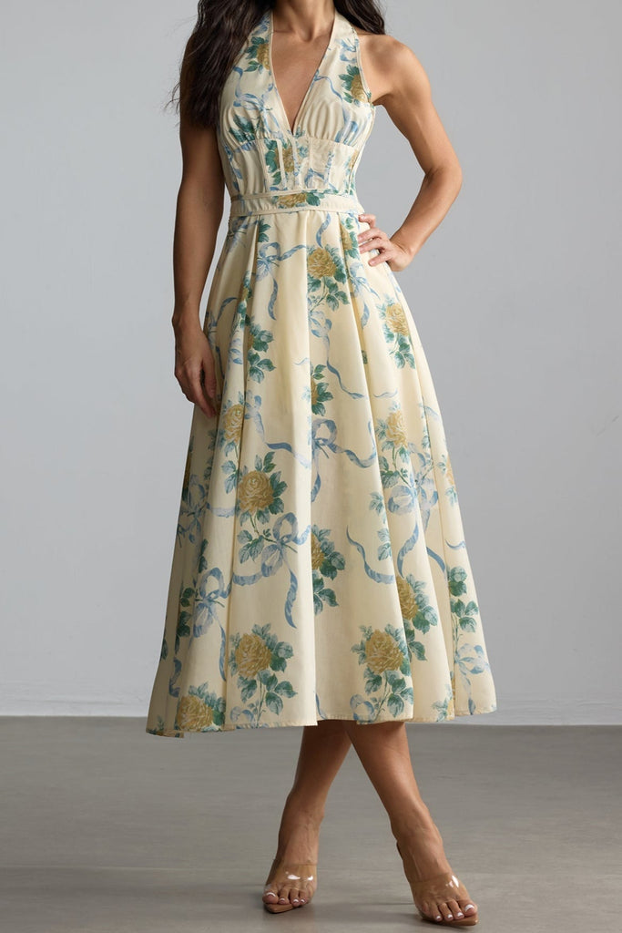 Shop  yellow dress - Perfect for special occasions | deirdre Floral Print Deep V Neck Midi Dress in yellow