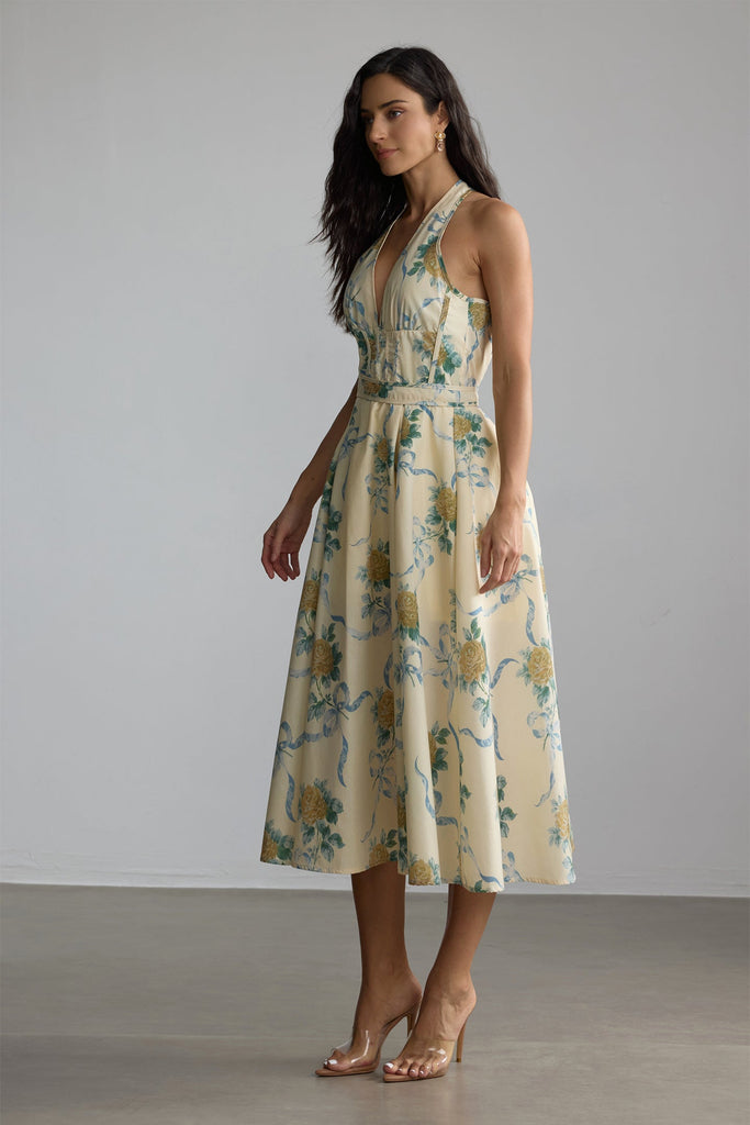 Stylish yellow dress | deirdre Floral Print Deep V Neck Midi Dress in yellow - Ideal for special occasions